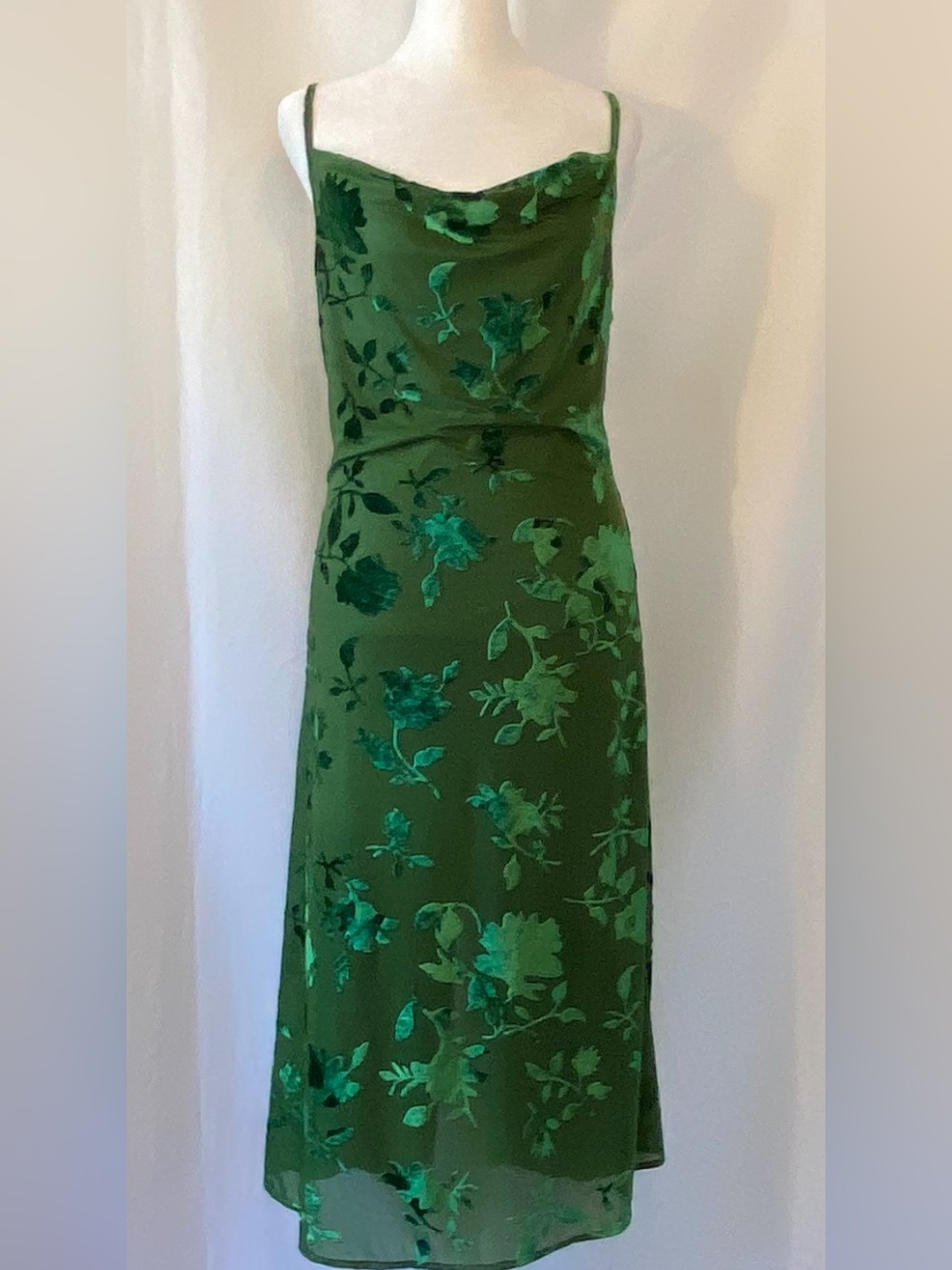 Vintage Dark Forest Fairy Green Burnout Velvet Cowl Neck Tank Style Midi Dress S